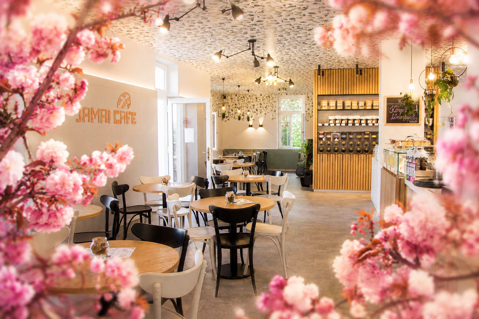 Interiér Sakura Café s rozkvetlými sakurami a útulným posezením